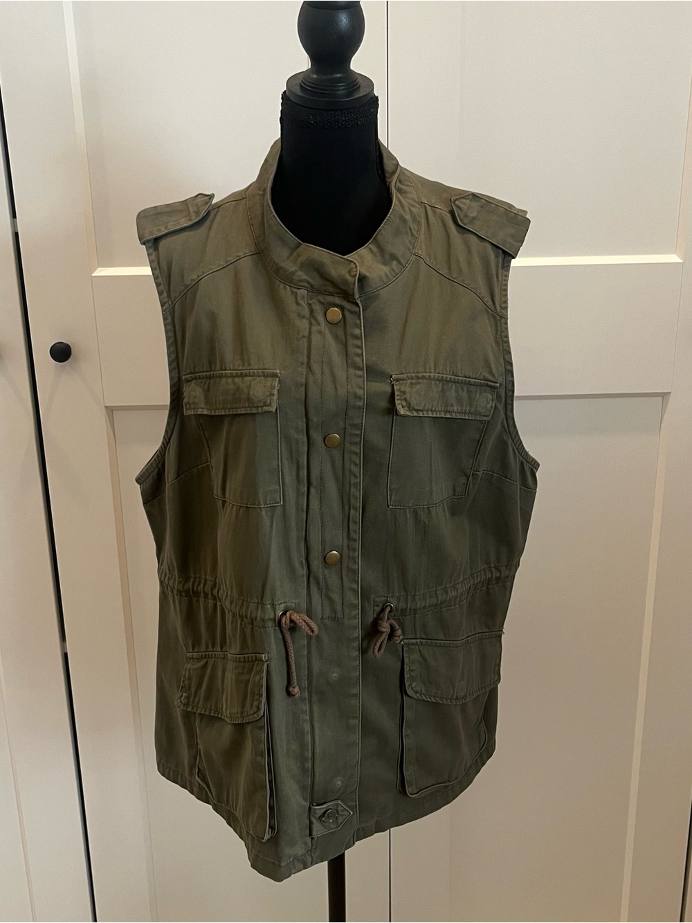 Per Se Olive Green Utility Vest w/ Drawstring Waist Multiple Pockets Layering 1X